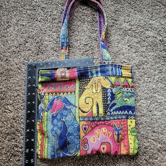 Laurel Burch Dog Patchwork Purse 2 Strap Tote Bag Red Blue Green Colorful Zipper - Picture 10 of 14